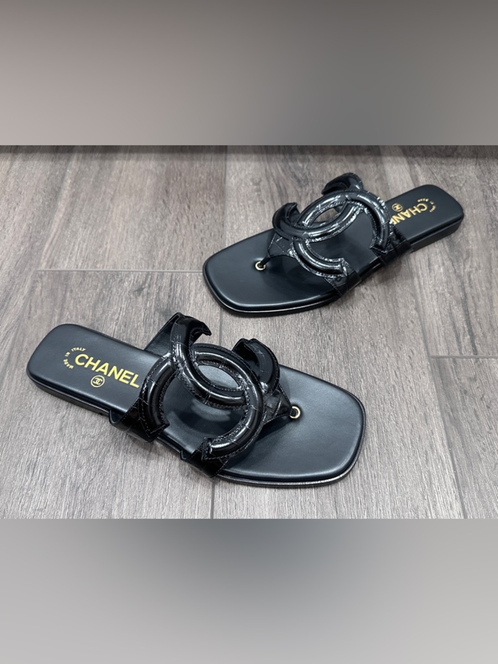 NEW BLAZY CHANEL Black CROC EMBOSSED LARGE CC Logo FLIP FLOP THONG Sandals 40 - Picture 6 of 15